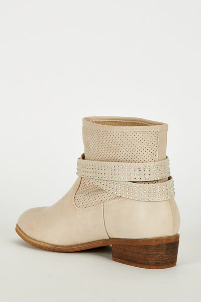 Light Beige Ankle Strap With Diamante Detail Boots