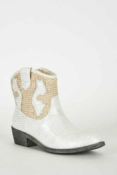 White Frosted Look Leatherette Cowboy Boots