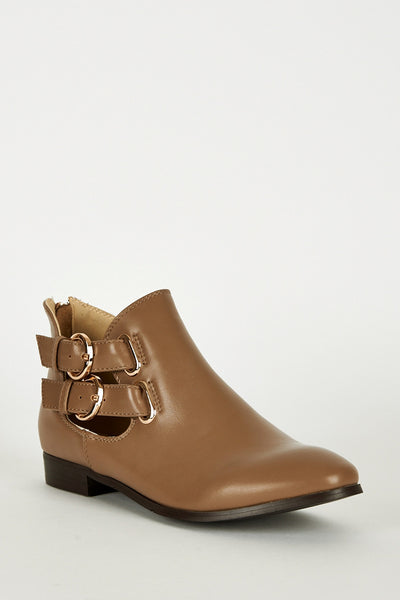 Mocha Double Buckle Zip Heel Ankle Boots