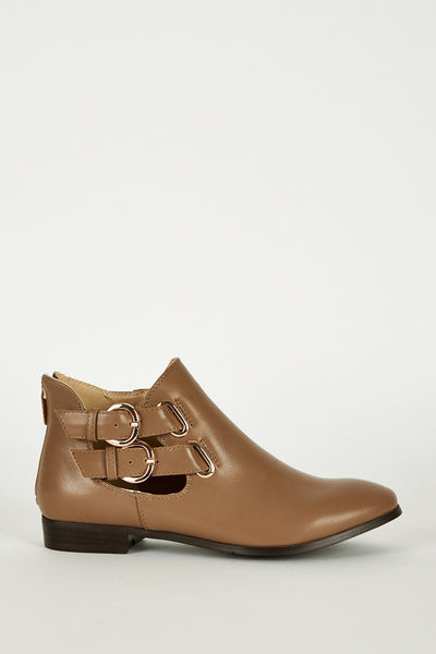 Mocha Double Buckle Zip Heel Ankle Boots