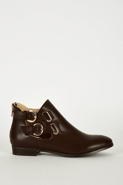 Brown Double Buckle Zip Heel Ankle Boots