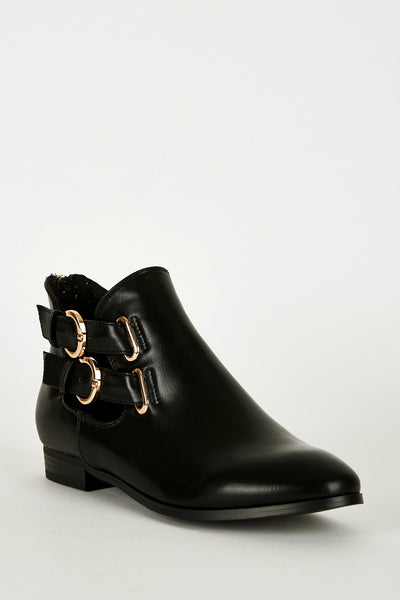 Black Double Buckle Zip Heel Ankle Boots