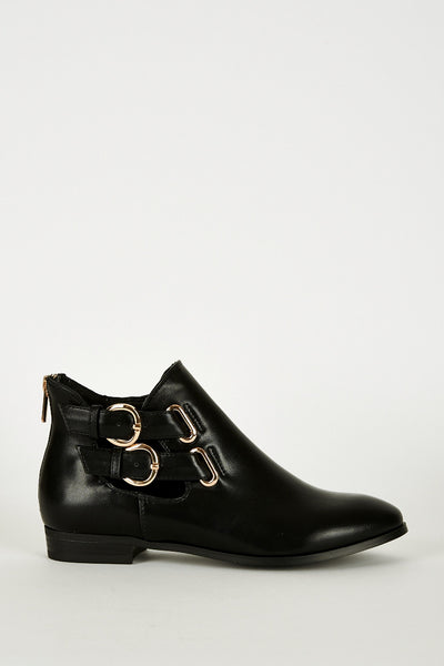 Black Double Buckle Zip Heel Ankle Boots