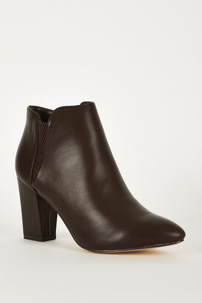 Brown Stretch Side Panel High Block Heel Ankle Boots