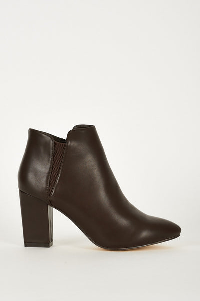 Brown Stretch Side Panel High Block Heel Ankle Boots