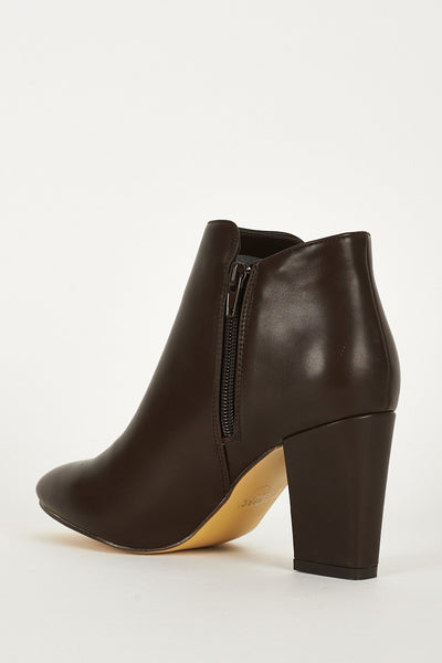 Brown Stretch Side Panel High Block Heel Ankle Boots