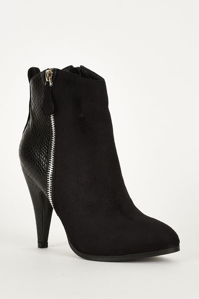 Black Pointed Toe Zip Trim Heeled Ankle Boots