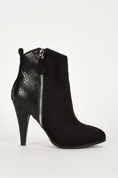 Black Pointed Toe Zip Trim Heeled Ankle Boots