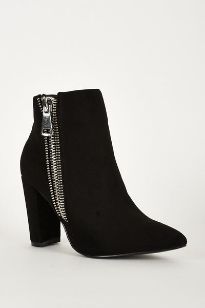 Black Faux Suede Silver Zip Detail Block Heel Pointed Ankle Boots