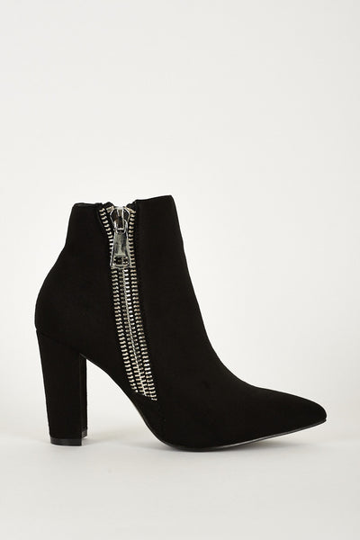 Black Faux Suede Silver Zip Detail Block Heel Pointed Ankle Boots