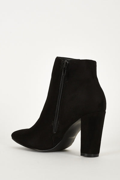 Black Faux Suede Silver Zip Detail Block Heel Pointed Ankle Boots