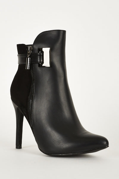 Black Faux Leather And Faux Suede Zip Detail Ankle Boots