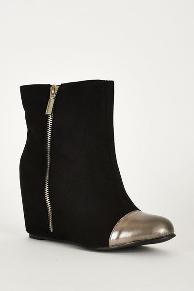 Black And Silver Zip Detail Faux Suede Hidden Wedge Ankle Boots