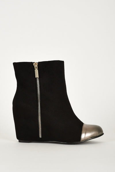 Black And Silver Zip Detail Faux Suede Hidden Wedge Ankle Boots