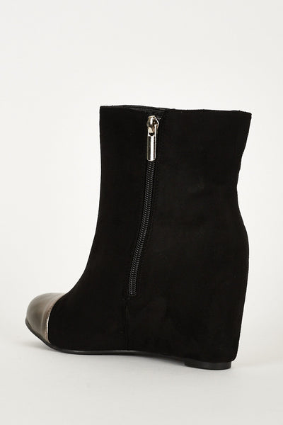 Black And Silver Zip Detail Faux Suede Hidden Wedge Ankle Boots