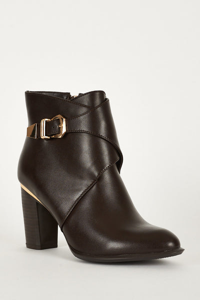 Brown Leatherette Boots With Metal Trim