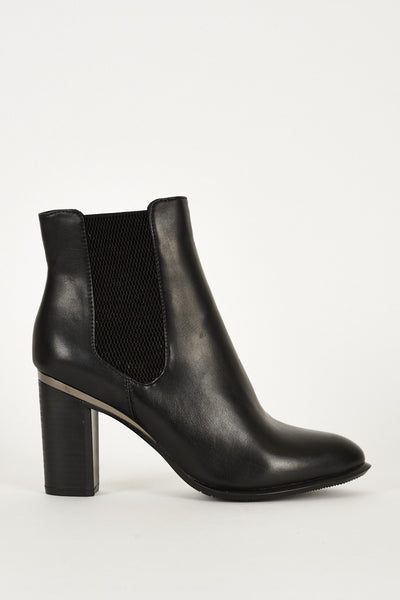 Black Double Sided Elastic High Block Heel Ankle Boots With Metallic Detail