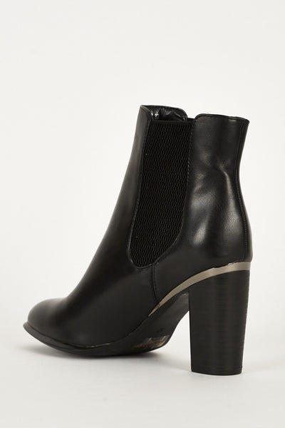 Black Double Sided Elastic High Block Heel Ankle Boots With Metallic Detail