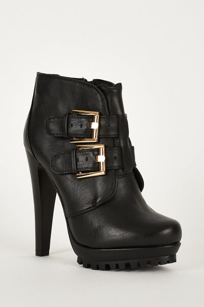 Double Buckle Strap Chunky High Heel Thick Platform Ankle Boots