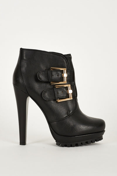 Double Buckle Strap Chunky High Heel Thick Platform Ankle Boots