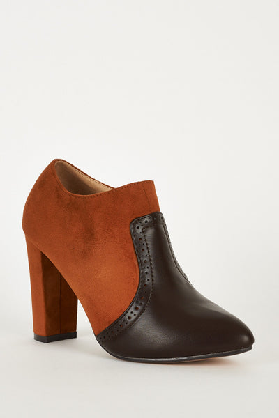 Faux Suede and Faux Leather Block Heel Brown Chelsea Boots