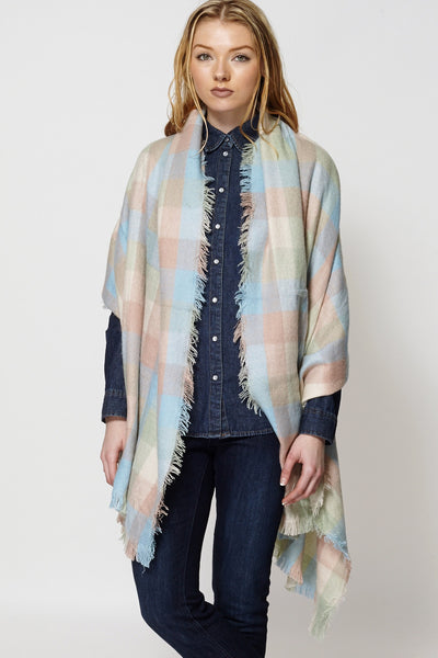 Light Colour Knit Checked Frayed Hem Scarf