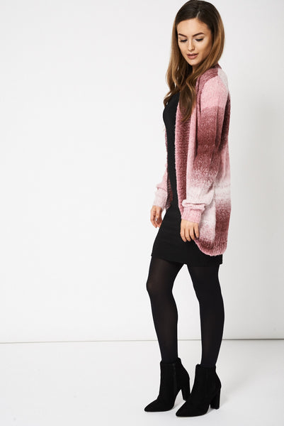 Pink Fluffy Feel Knitted Cardigan Available In Plus Sizes