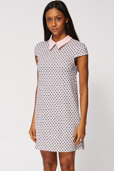 Patterned Pointed Collar Shift Dress