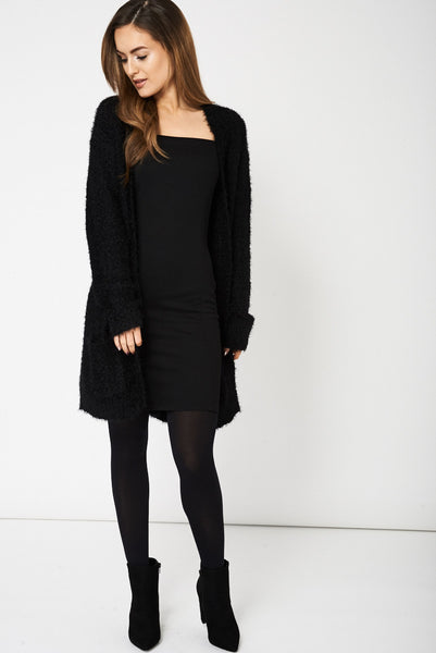 Black Fluffy Feel Knitted Cardigan Ex-Branded Available In Plus Sizes