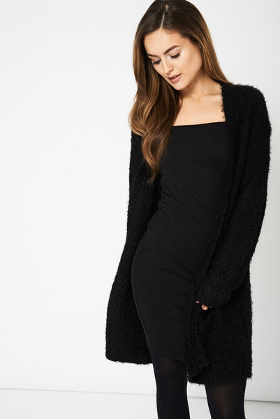 Black Fluffy Feel Knitted Cardigan Ex-Branded Available In Plus Sizes