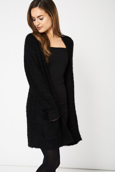 Black Fluffy Feel Knitted Cardigan Ex-Branded Available In Plus Sizes