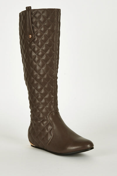 Metal Heel Detail Flat Calf Quilted Boots