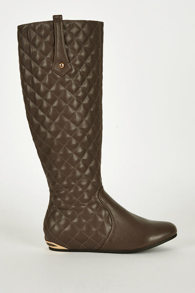 Metal Heel Detail Flat Calf Quilted Boots