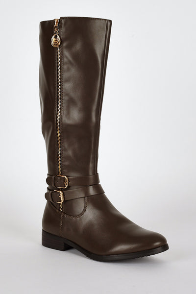 Double Buckle Detail Leatherette Calf Boots