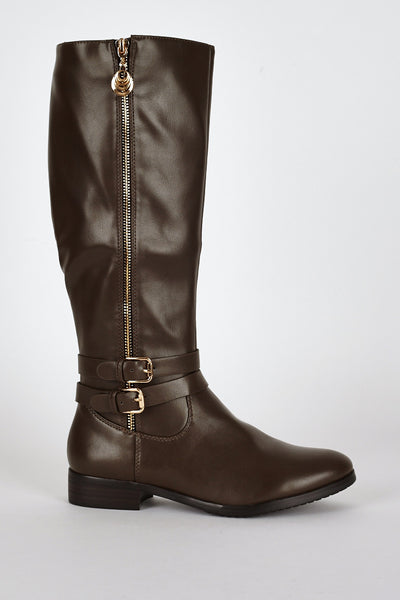 Double Buckle Detail Leatherette Calf Boots