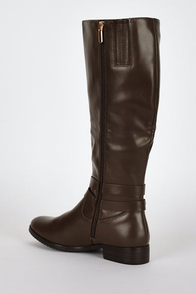 Double Buckle Detail Leatherette Calf Boots