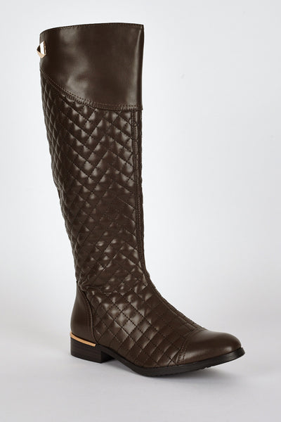 Quilted Leatherette Low Heel Calf Boots