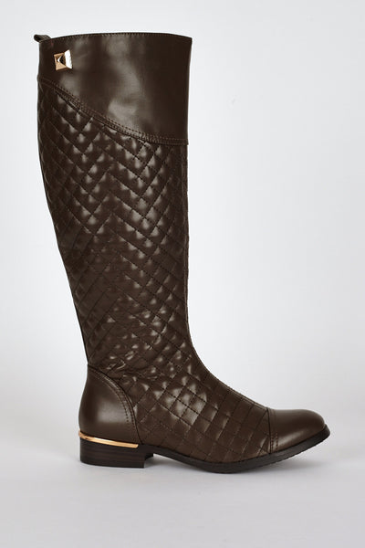 Quilted Leatherette Low Heel Calf Boots