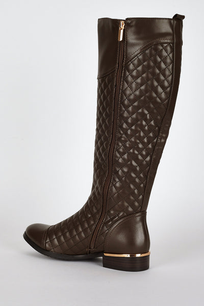 Quilted Leatherette Low Heel Calf Boots