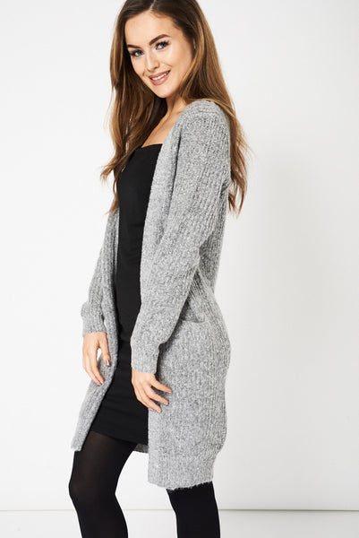 Light Grey Knitted Open Front Cardigan With Pockets