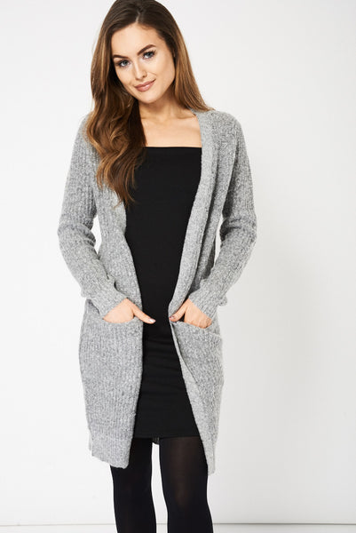 Light Grey Knitted Open Front Cardigan With Pockets