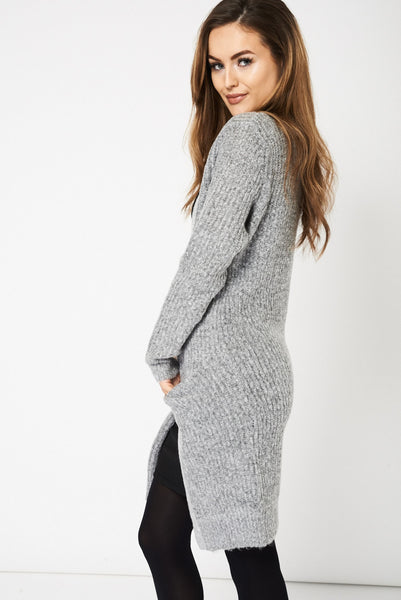 Light Grey Knitted Open Front Cardigan With Pockets