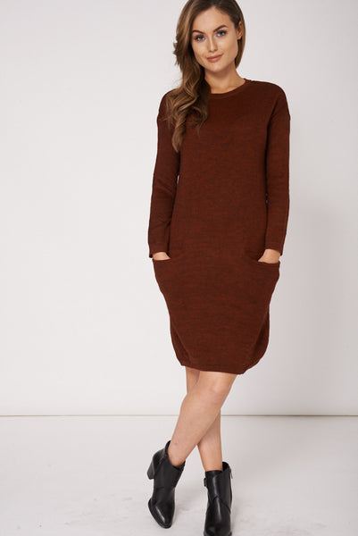 Burgundy Knitted Jumper Dress with Pockets