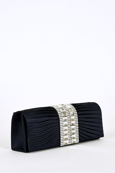 Center Glass Beads & Rhinestone Detail Pleated Clutch Bag