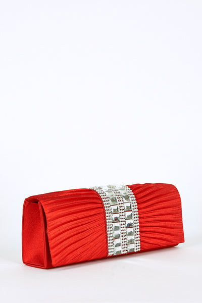 Center Glass Beads & Rhinestone Detail Pleated Clutch Bag