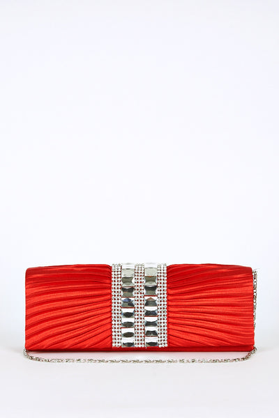 Center Glass Beads & Rhinestone Detail Pleated Clutch Bag