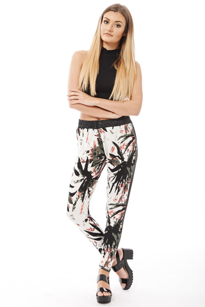 Abstract Print Trousers with Wet Look Detail