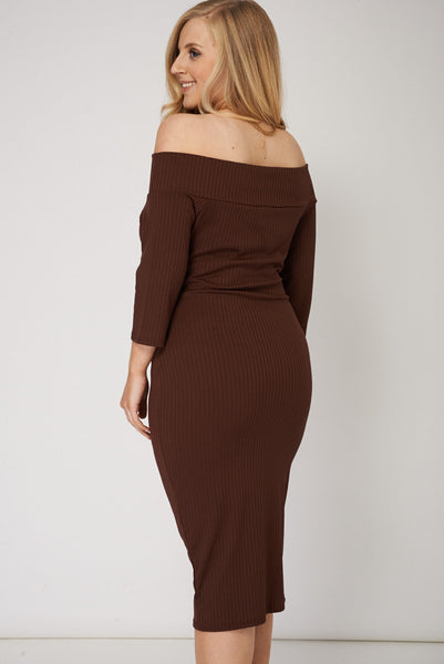 Ribbed Off The Shoulder Dress in Brown Ex-Branded