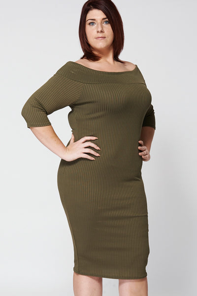 Ribbed Off The Shoulder Dress in Khaki Green Ex-Branded