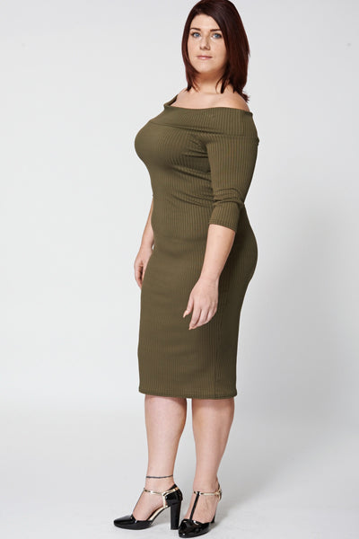 Ribbed Off The Shoulder Dress in Khaki Green Ex-Branded